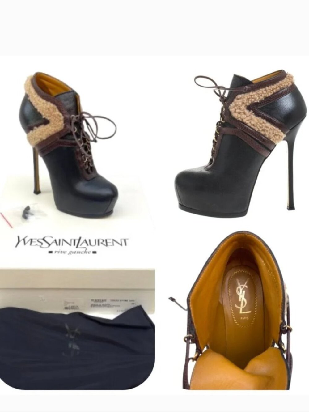 Auc YSL Chocolate Leather Shearling Tribtoo Ankle Boots 7,5
